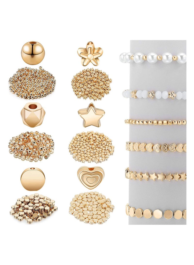 SYOSI Loose Beads, SYOSI 1200 Pieces Spacer Beads Set Star Round Ball Beads, Faceted Spacer Beads, Heart Beads, Flower Beads Flat Disc Beads for Bracelet Earring Necklace Jewelry Making (Gold) - Image 1