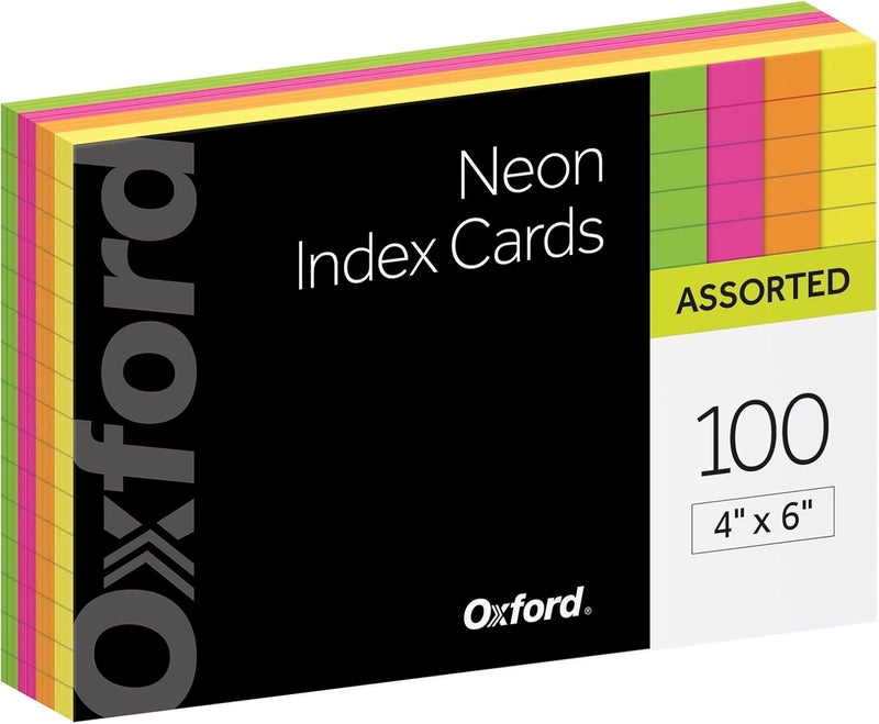 Oxford Neon Index Cards, 4" x 6", Ruled, Assorted Colors, 100 Per Pack - Image 1