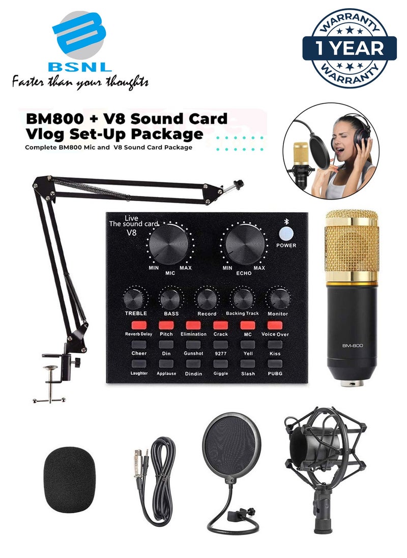 BSNL - BSNL Professional Condenser Microphone Bundle Mic Kit with V8 Audio Sound Card And Metal Stand For Live Streaming Recording Broadcasting - Image 1