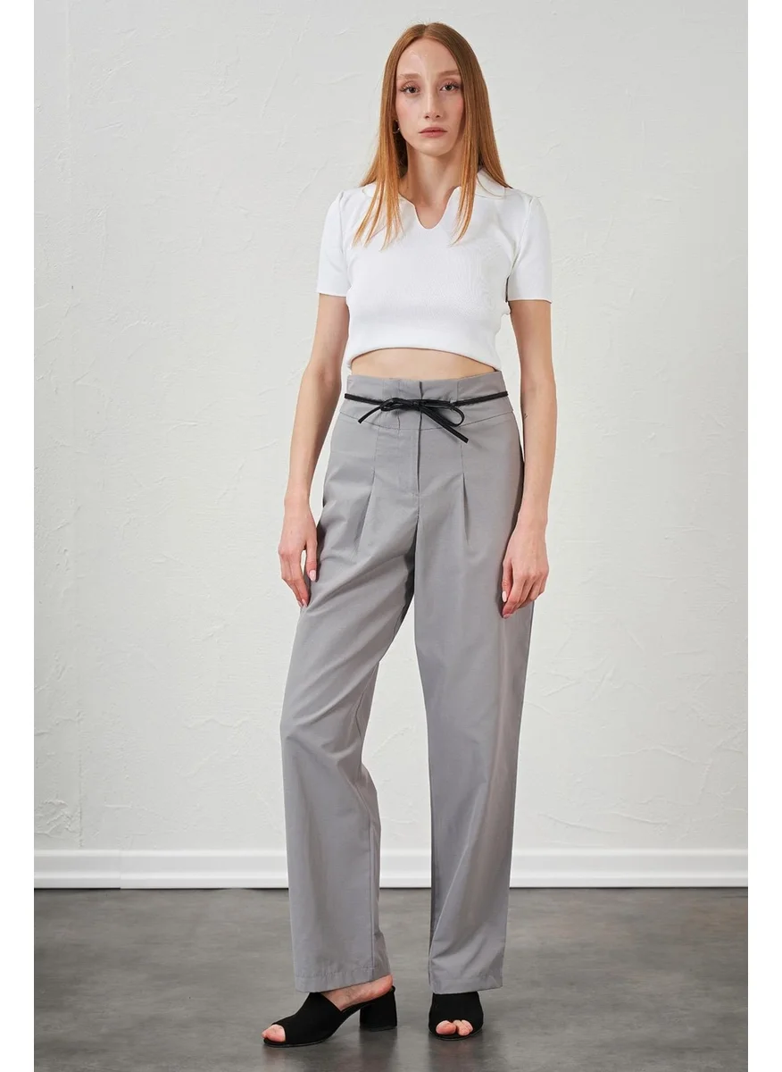 تينا Women's Gray High Waist Leather Belted Poplin Trousers