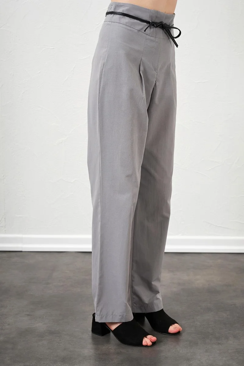 Tena Women's Gray High Waist Leather Belted Poplin Trousers