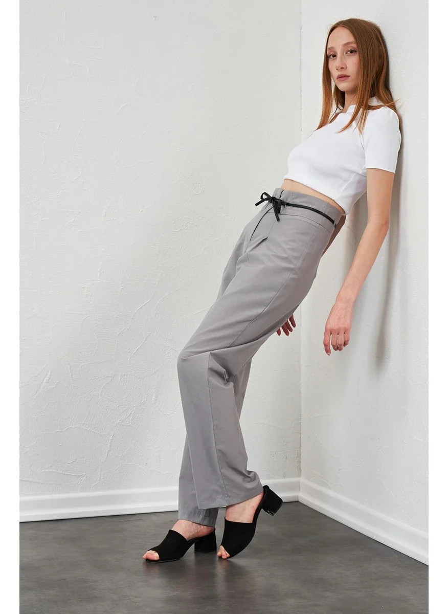 تينا Women's Gray High Waist Leather Belted Poplin Trousers