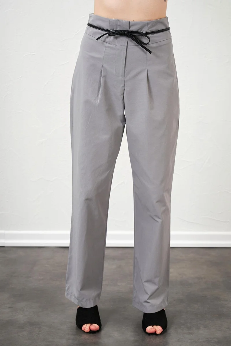 Tena Women's Gray High Waist Leather Belted Poplin Trousers