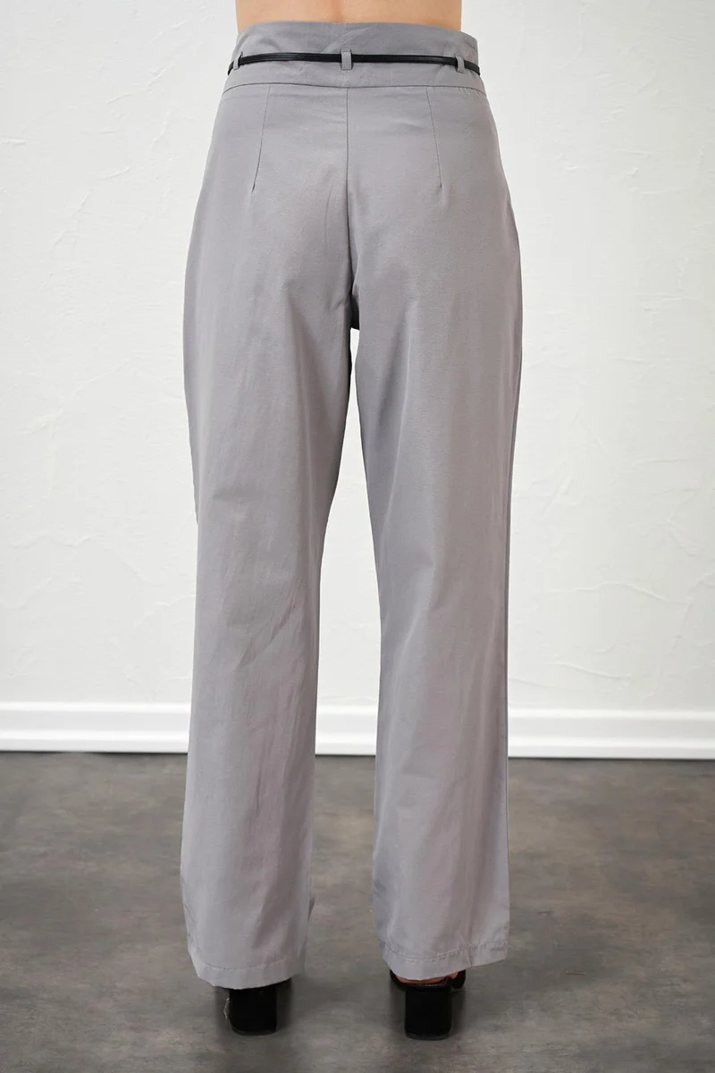 Tena Women's Gray High Waist Leather Belted Poplin Trousers