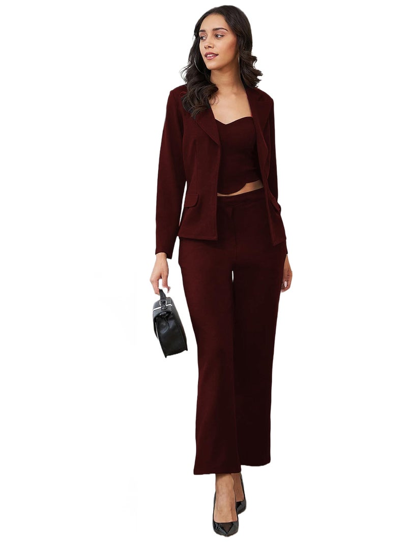 Florely Women's Lycra Solid Three Piece Outfits Blazer Co-Ord Set Women Outdoor Wear Maxi Dress Crop top Party Dress Stylish Latest Dresses (X-Large, Marron) - Image 1