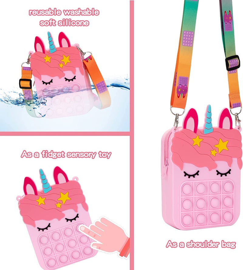 2 Pack Big Pink Bag for Girls Unicorn Pop Purse for her,Pop Fidget Toy for Girls, Push Pop Bubble Fidget Sensory Toy, Stress Release Pop Coin Purse, Easter Stocking Birthday Party Favors Unicorn Gifts - Image 3