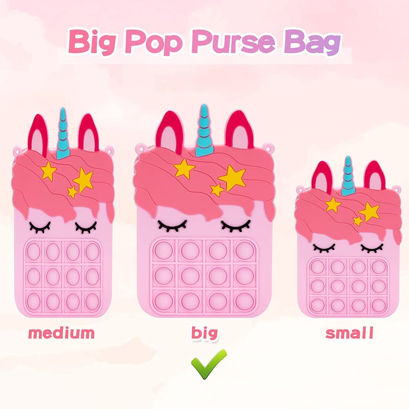 2 Pack Big Pink Bag for Girls Unicorn Pop Purse for her,Pop Fidget Toy for Girls, Push Pop Bubble Fidget Sensory Toy, Stress Release Pop Coin Purse, Easter Stocking Birthday Party Favors Unicorn Gifts - Image 4
