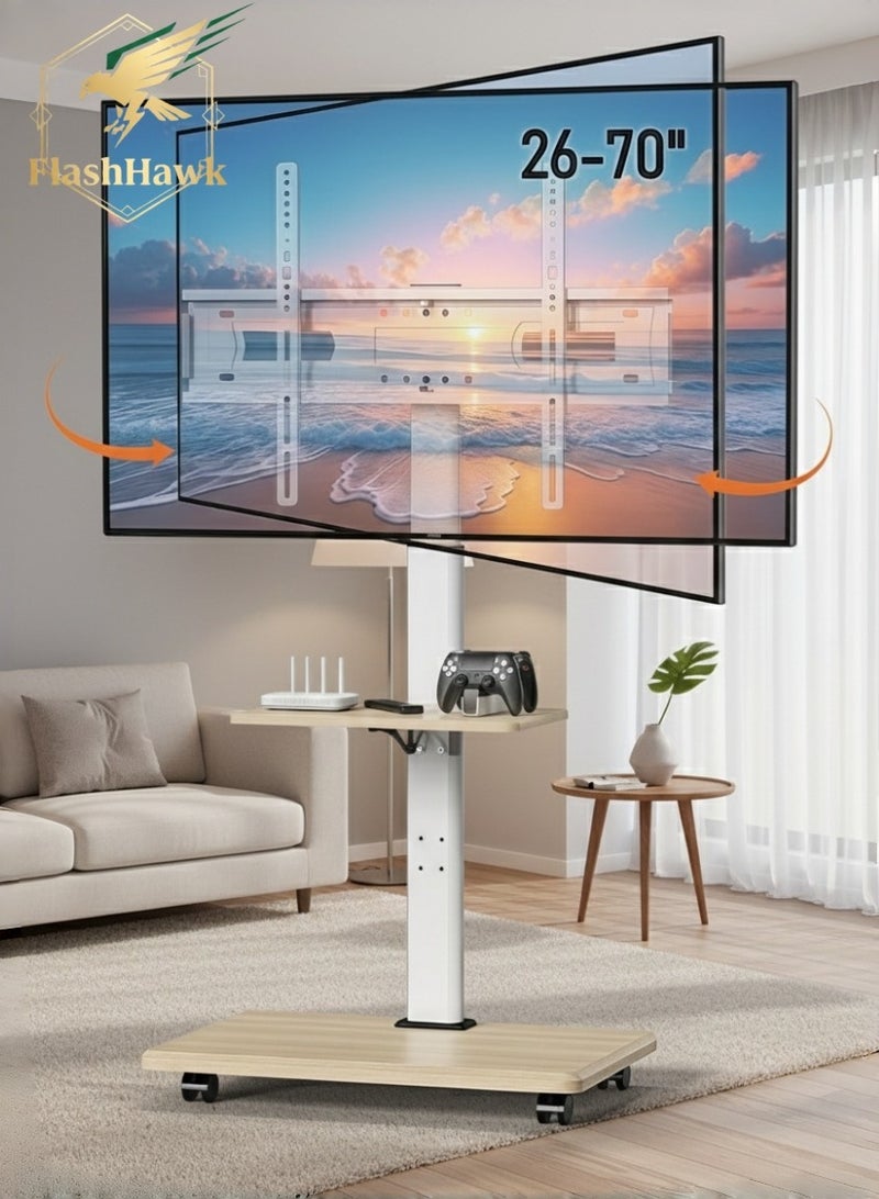 فلاشهوك حامل تلفزيون أرضي متحرك لأجهزة التلفزيون من 26 إلى 70 بوصة مع درجين للتخزين، عربة متنقلة محمولة بعجلات، مع حامل دوار، حوامل زاوية عالمية لغرفة النوم، للاستخدام الخارجي - Image 1