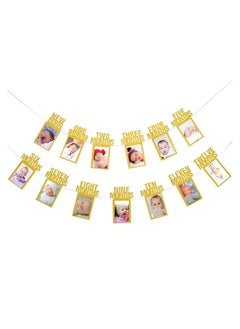 Party with Emma 1st Birthday Photo Banner for Baby from Newborn to 12 Months First Birthday Decorations Boy or Girl Monthly Milestones Garland First Birthday Photo Banner Pre strung with Frame (Gold)  - Image 1