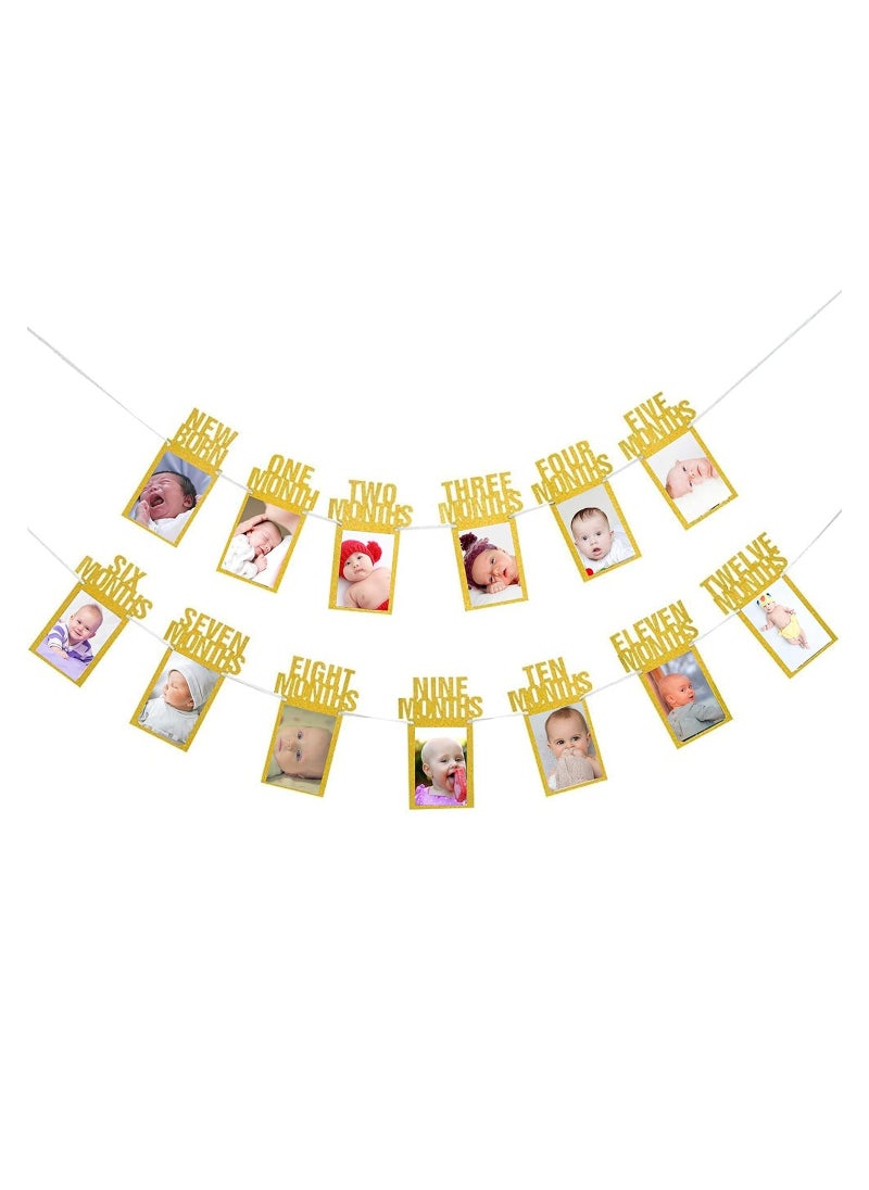 Party with Emma 1st Birthday Photo Banner for Baby from Newborn to 12 Months First Birthday Decorations Boy or Girl Monthly Milestones Garland First Birthday Photo Banner Pre strung with Frame (Gold)  - Image 1