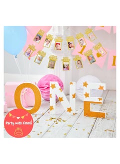 Party with Emma 1st Birthday Photo Banner for Baby from Newborn to 12 Months First Birthday Decorations Boy or Girl Monthly Milestones Garland First Birthday Photo Banner Pre strung with Frame (Gold)  - Image 5