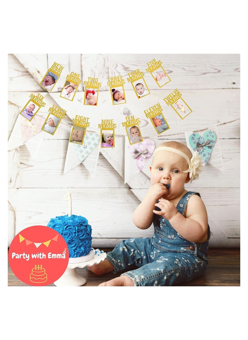 Party with Emma 1st Birthday Photo Banner for Baby from Newborn to 12 Months First Birthday Decorations Boy or Girl Monthly Milestones Garland First Birthday Photo Banner Pre strung with Frame (Gold)  - Image 2