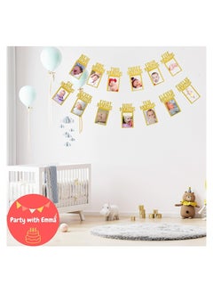 Party with Emma 1st Birthday Photo Banner for Baby from Newborn to 12 Months First Birthday Decorations Boy or Girl Monthly Milestones Garland First Birthday Photo Banner Pre strung with Frame (Gold)  - Image 4