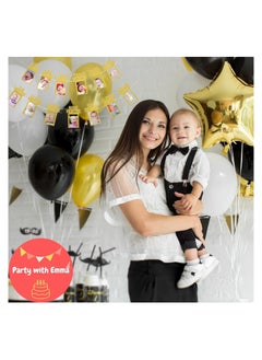 Party with Emma 1st Birthday Photo Banner for Baby from Newborn to 12 Months First Birthday Decorations Boy or Girl Monthly Milestones Garland First Birthday Photo Banner Pre strung with Frame (Gold)  - Image 3