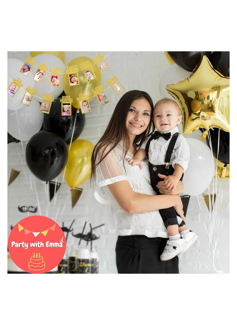 Party with Emma 1st Birthday Photo Banner for Baby from Newborn to 12 Months First Birthday Decorations Boy or Girl Monthly Milestones Garland First Birthday Photo Banner Pre strung with Frame (Gold)  - Image 3