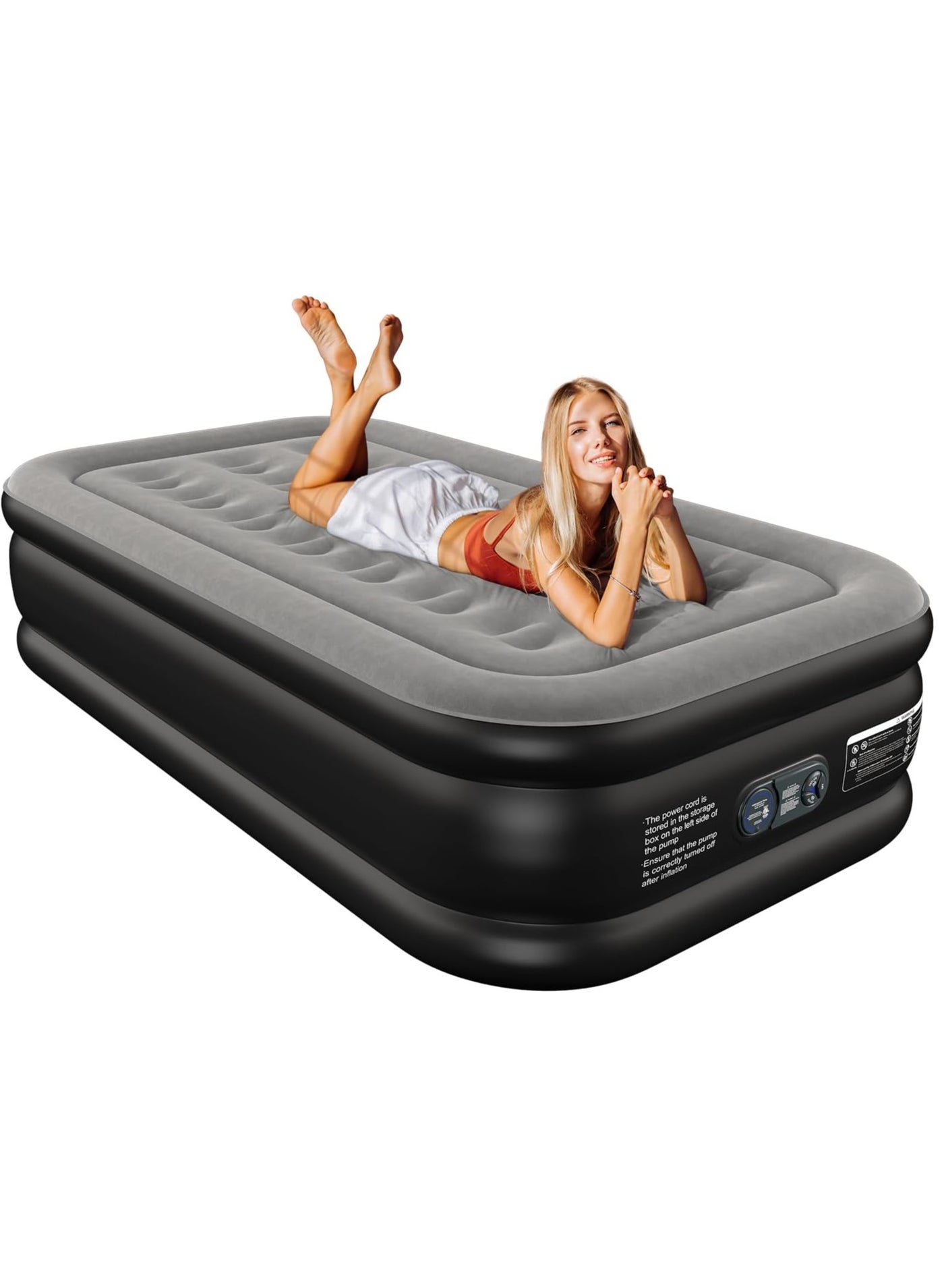 Twin Air Mattress Twin with Built in Pump 16" Double Height Inflatable Mattress with Soft Flocked Top & Carry Bag Adjustable Blow Up Mattress Portable Air Bed for Guest Indoor Travel-Black
