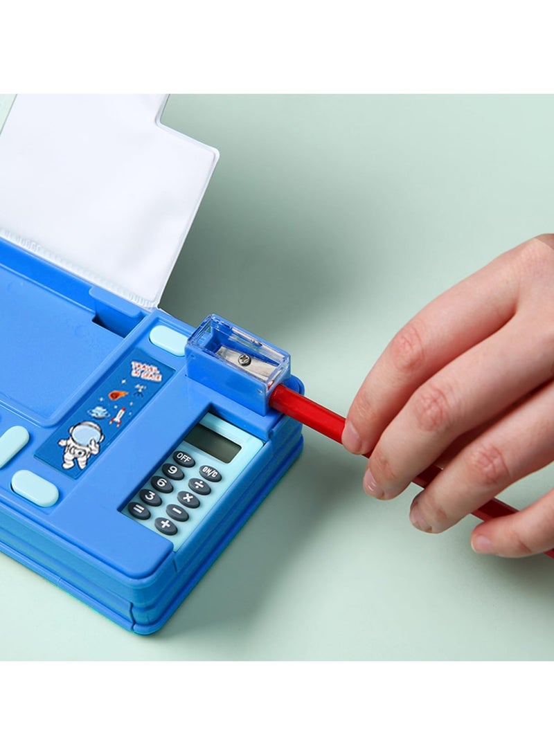 Creative Multifunctional Pencil Case With Button Cartoon Pattern Pen Box Suitable For Children'S Stationery Set Suitable For Girls And Boys With Compartments, Pencil Sharpener (Astronaut) Blue - Image 4