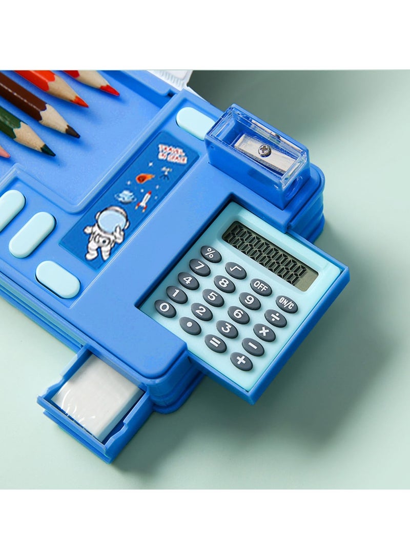 Creative Multifunctional Pencil Case With Button Cartoon Pattern Pen Box Suitable For Children'S Stationery Set Suitable For Girls And Boys With Compartments, Pencil Sharpener (Astronaut) Blue - Image 2