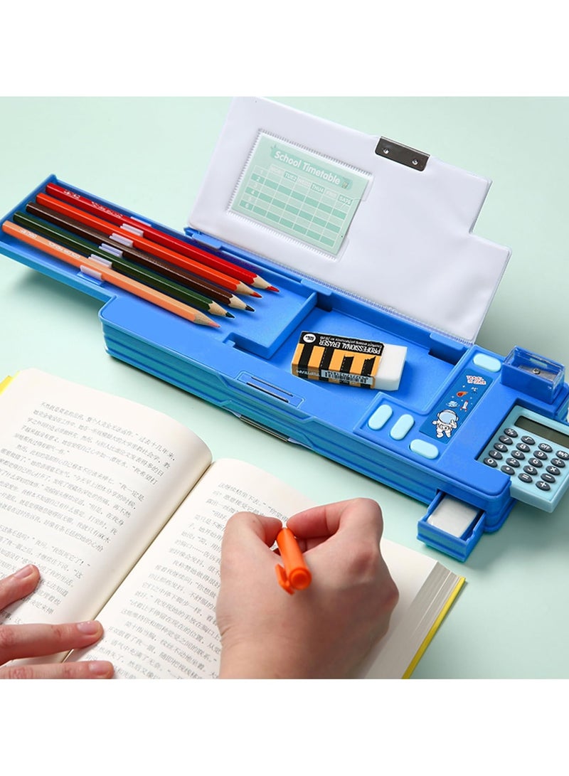 Creative Multifunctional Pencil Case With Button Cartoon Pattern Pen Box Suitable For Children'S Stationery Set Suitable For Girls And Boys With Compartments, Pencil Sharpener (Astronaut) Blue - Image 5