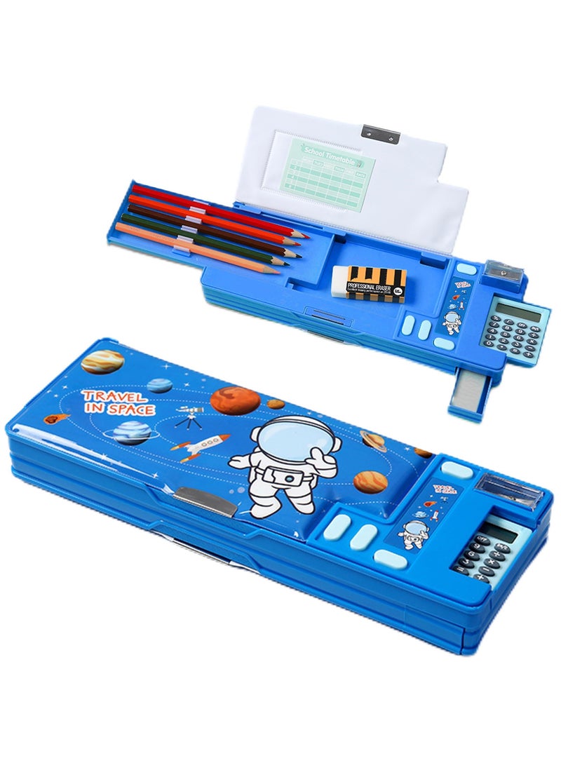 Creative Multifunctional Pencil Case With Button Cartoon Pattern Pen Box Suitable For Children'S Stationery Set Suitable For Girls And Boys With Compartments, Pencil Sharpener (Astronaut) Blue - Image 1