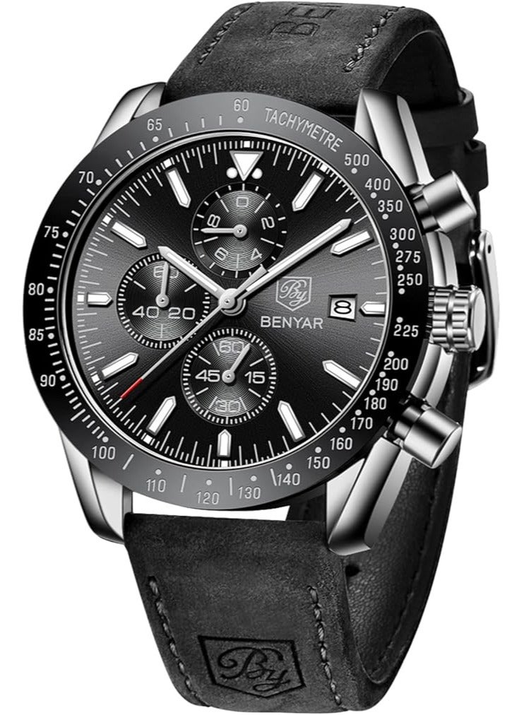 BENYAR Mens Watch Waterproof Chronograph Date Watch for Men Leather Strap Quartz Movement Analog Watch Business Casual Gift for Men - Image 1