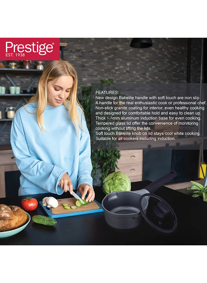 Prestige Prestige Essential Cast Aluminum Cookware Black 16 cm Saucepan With Glass Lid | Non-Stick Induction-Based sauce pans with lids Black 16 cmcm