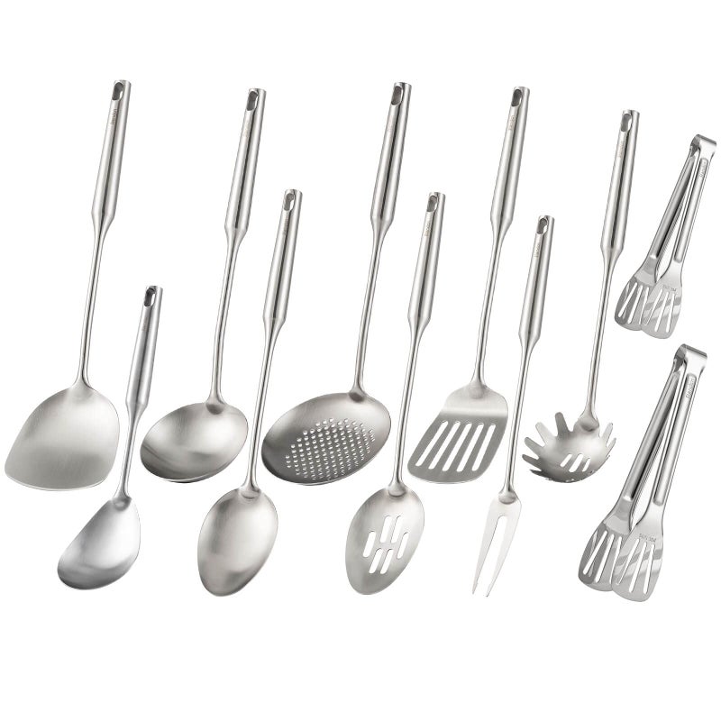 1810 Stainless Steel Kitchen Utensils Set 15 All Metal Cooking Tools 11PCS 2 Tongs Fork Solid Spoon Slotted Spoon Spatula Soup Ladle Skimmer Slotted Spatula Spaghetti Spoon Large Spoon