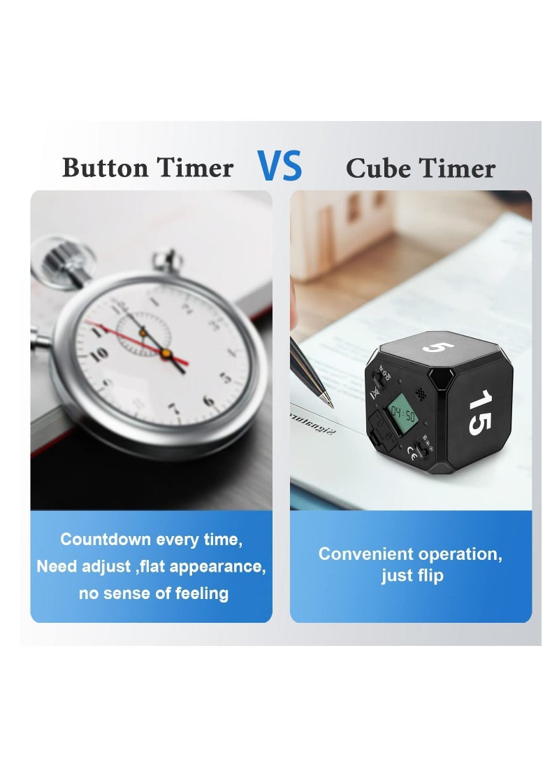 Y&D - Cube Timer, KASTWAVE Digital Kitchen Timer Gravity Sensor Flip Preset Timers with 4 LED Light Alarm Countdown Settings 5-15-25-45 Mins Time Management for Study, Cook, Office, Exercise (Black) - Image 1