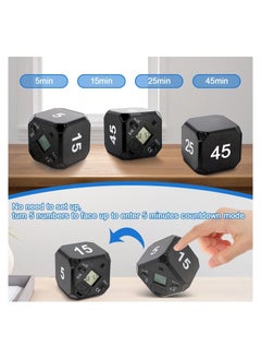 Y&D Cube Timer, KASTWAVE Digital Kitchen Timer Gravity Sensor Flip Preset Timers with 4 LED Light Alarm Countdown Settings 5-15-25-45 Mins Time Management for Study, Cook, Office, Exercise (Black)  - Image 2