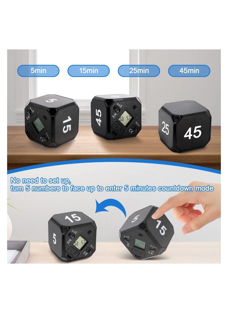 Y&D - Cube Timer, KASTWAVE Digital Kitchen Timer Gravity Sensor Flip Preset Timers with 4 LED Light Alarm Countdown Settings 5-15-25-45 Mins Time Management for Study, Cook, Office, Exercise (Black) - Image 1