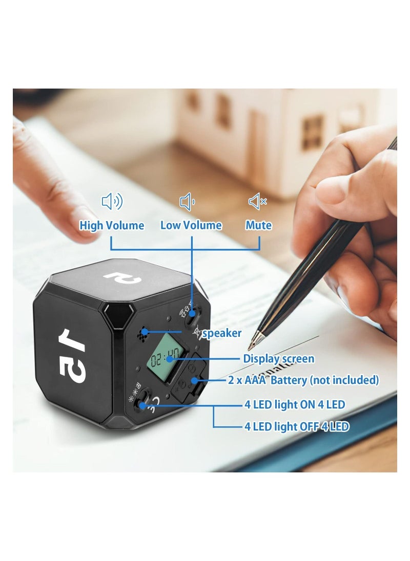 Y&D - Cube Timer, KASTWAVE Digital Kitchen Timer Gravity Sensor Flip Preset Timers with 4 LED Light Alarm Countdown Settings 5-15-25-45 Mins Time Management for Study, Cook, Office, Exercise (Black) - Image 1