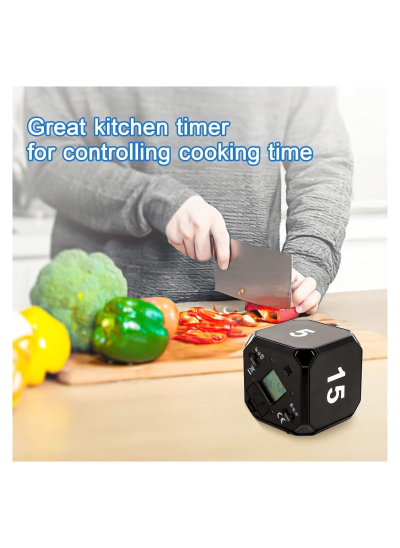 Y&D - Cube Timer, KASTWAVE Digital Kitchen Timer Gravity Sensor Flip Preset Timers with 4 LED Light Alarm Countdown Settings 5-15-25-45 Mins Time Management for Study, Cook, Office, Exercise (Black) - Image 1