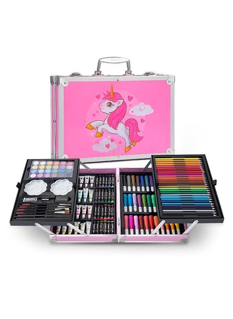 Raganet, Professional Art Set with 145 Pieces, Drawing Set with Feathers, Colors, Paints, Aquarelles and Crayolas, Painting Kit with Portable Organizer Case in Pink Briefcase Shape