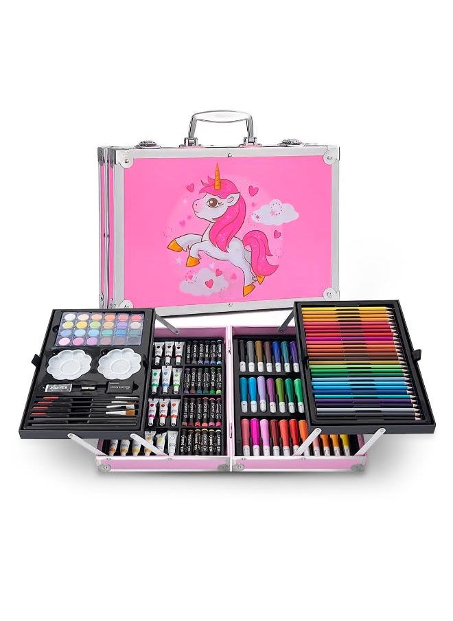 Raganet, Professional Art Set with 145 Pieces, Drawing Set with Feathers, Colors, Paints, Aquarelles and Crayolas, Painting Kit with Portable Organizer Case in Pink Briefcase Shape