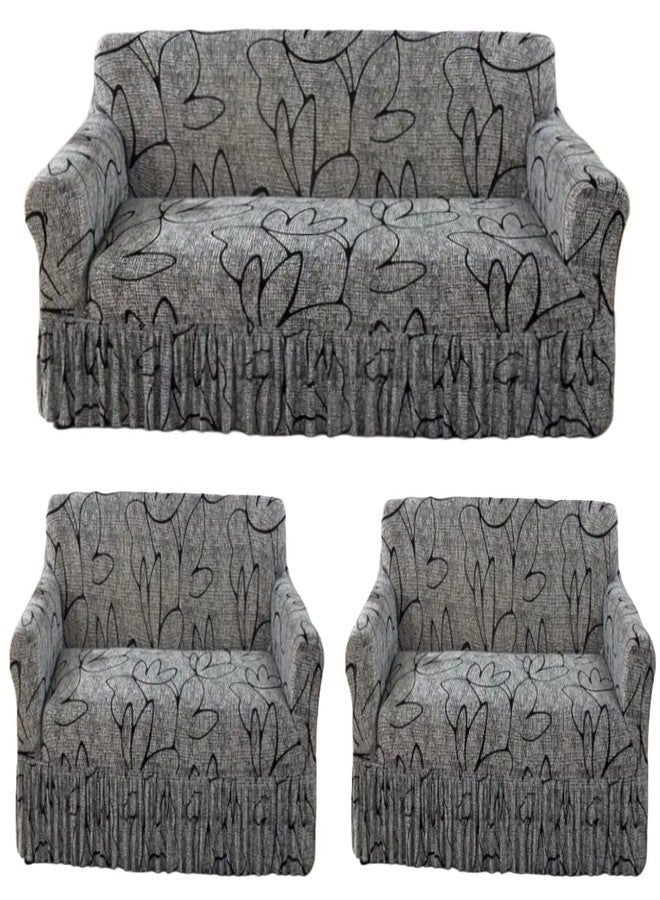 Whizz Elastic Stretchable 5 Seater Sofa Cover with Frill for Living Room.(1+1+3) (Grey Flower) - Image 1
