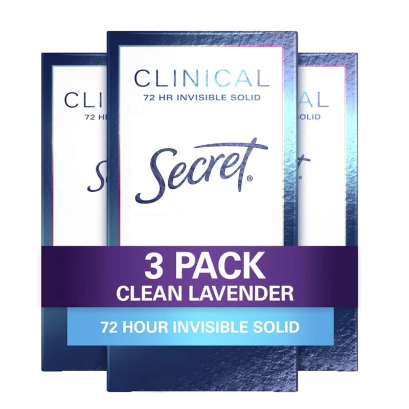 Secret Clinical Strength Antiperspirant Deodorant for Women 3X Stress Protection 72hr Sweat Odor Protection PH Balancing Minerals lnvisible Solid Clean Lavender Scent 16 oz Pack of 3