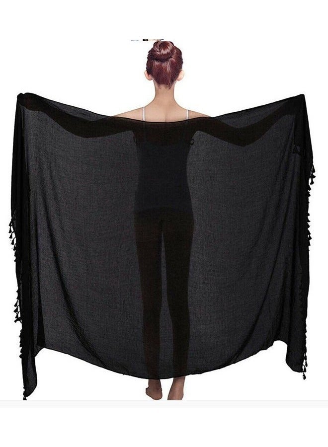 Long Sarong Cover Up Womens with Tassel Beach Cover Up Bikini Bathing Suit Swimsuit Scarf Swimwear Coverup Sarong Pareo Wraps for Women Girl Black - Image 2