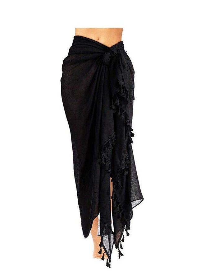 Long Sarong Cover Up Womens with Tassel Beach Cover Up Bikini Bathing Suit Swimsuit Scarf Swimwear Coverup Sarong Pareo Wraps for Women Girl Black - Image 1