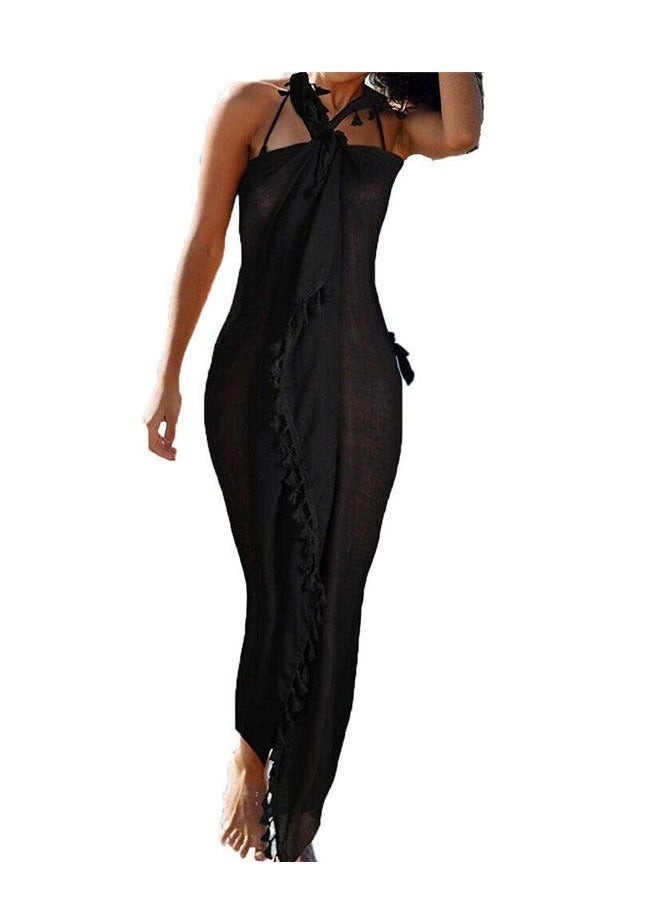 Long Sarong Cover Up Womens with Tassel Beach Cover Up Bikini Bathing Suit Swimsuit Scarf Swimwear Coverup Sarong Pareo Wraps for Women Girl Black - Image 4