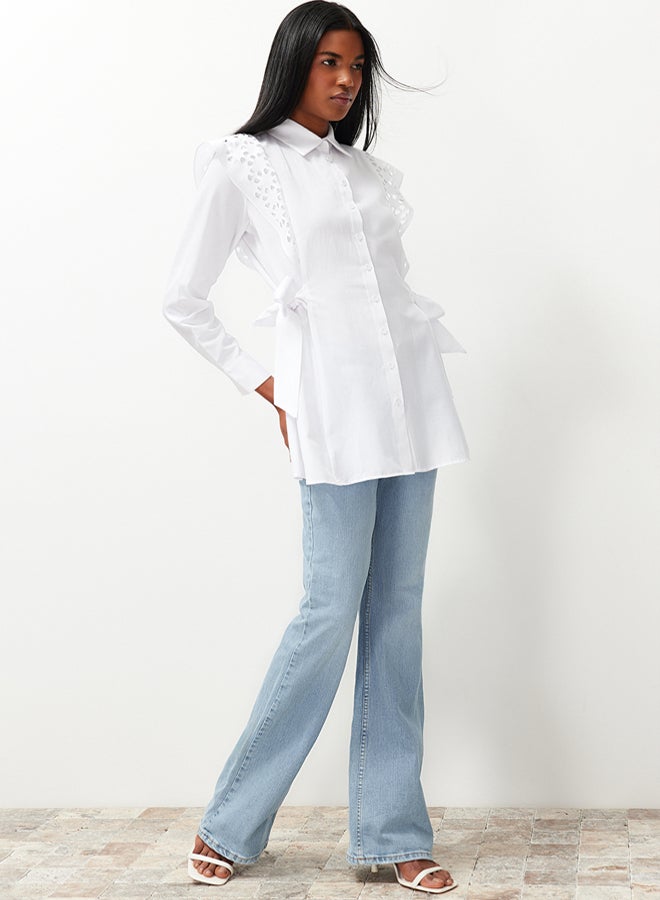 trendyol White Embroidered Cotton Woven Shirt TCTSS24TG00004 - Image 2