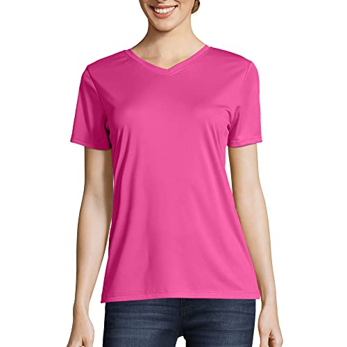 Hanes Women's Short Sleeve Cool DRI V-Neck Tee, Wow Pink, Small - Image 1