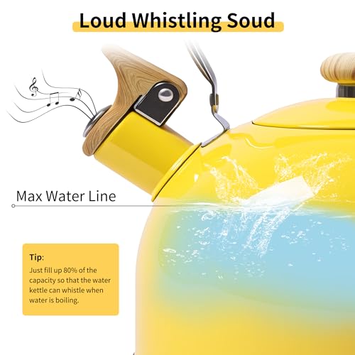 LONFFERY Tea Kettle, 2.5 Quart Whistling Tea Kettle, Tea Pots for Stove Top Food Grade Stainless Steel with Wood Pattern Folding Handle - Yellow - Image 3