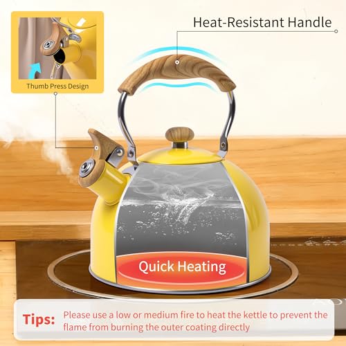 LONFFERY Tea Kettle, 2.5 Quart Whistling Tea Kettle, Tea Pots for Stove Top Food Grade Stainless Steel with Wood Pattern Folding Handle - Yellow - Image 4