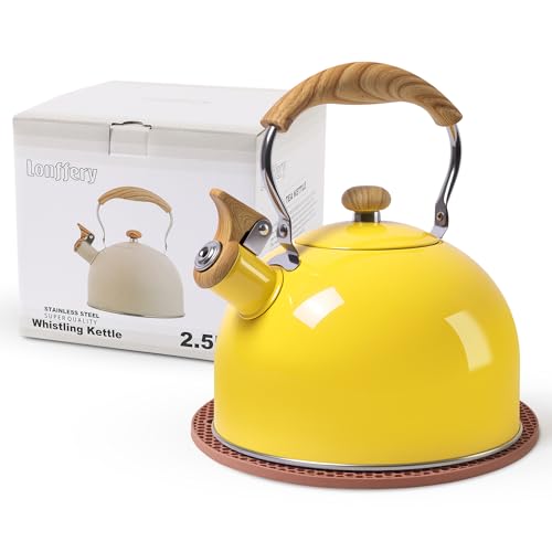 LONFFERY Tea Kettle, 2.5 Quart Whistling Tea Kettle, Tea Pots for Stove Top Food Grade Stainless Steel with Wood Pattern Folding Handle - Yellow - Image 1