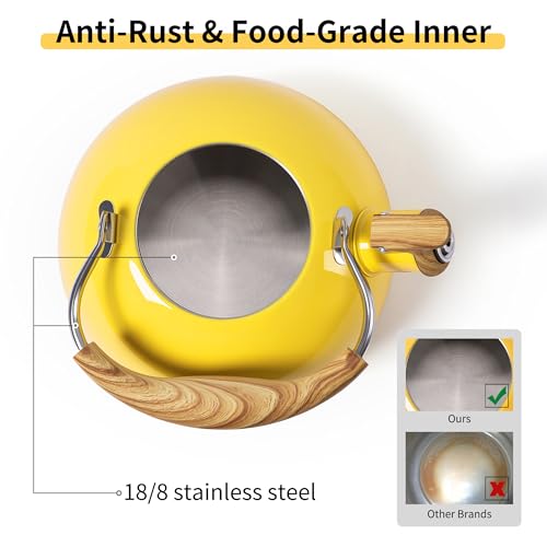 LONFFERY Tea Kettle, 2.5 Quart Whistling Tea Kettle, Tea Pots for Stove Top Food Grade Stainless Steel with Wood Pattern Folding Handle - Yellow - Image 2