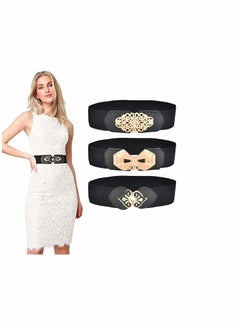 KASTWAVE Women Stretchy Vintage Belt, 3PCS Women's Leather Belt For Jeans, Dresses, Pants Belt, Wide Elastic Waist Belt for Women, Evening Dress Belt, Shape Curve, Beautiful Elegant (Black and Gold)  - Image 1