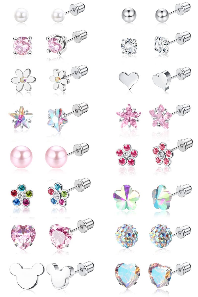 Jstyle 16 Pairs Hypoallergenic Earrings For Girls Women Surgical Steel Screwback Earrings for Sensitive Ears Cute Todder Kid Earring Screw Back Stud Earring - Image 1