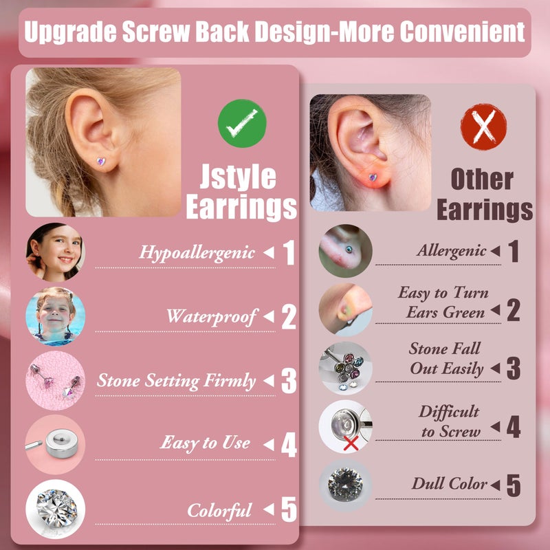 Jstyle 16 Pairs Hypoallergenic Earrings For Girls Women Surgical Steel Screwback Earrings for Sensitive Ears Cute Todder Kid Earring Screw Back Stud Earring - Image 2