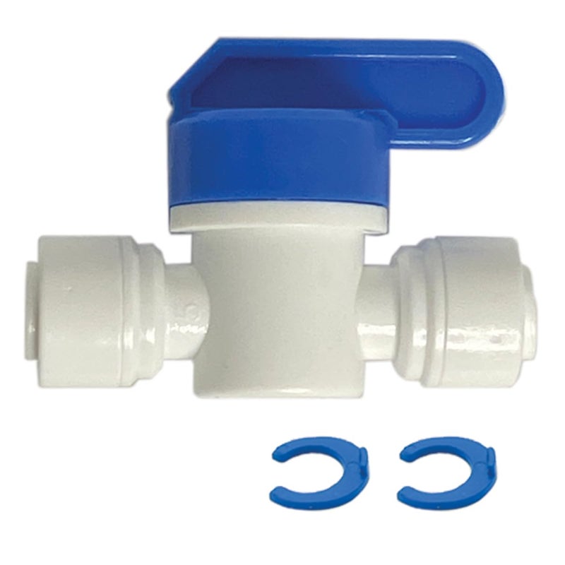 Filtration Warehouse Speed Fit 1/4 or 3/8 Inch Shut Off Valve, Push to Connect Plastic Plumbing Fitting, With Locking Clips, Filtration Warehouse, Compare to PPSV040808WP (1/4" One Pack) - Image 1