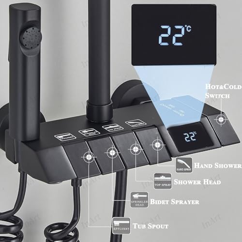 InArt Thermostatic LED Rainfall Shower Panel - Matte Black Faucet Set with Wall Mixer, Diverter, Rack, Hot & Cold Hand Shower (Black Matt) - Image 2